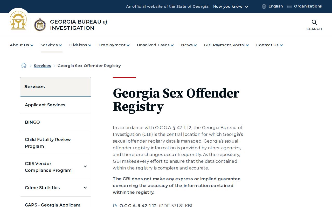 GBI registry screen for a lawful Hinesville resident lookup