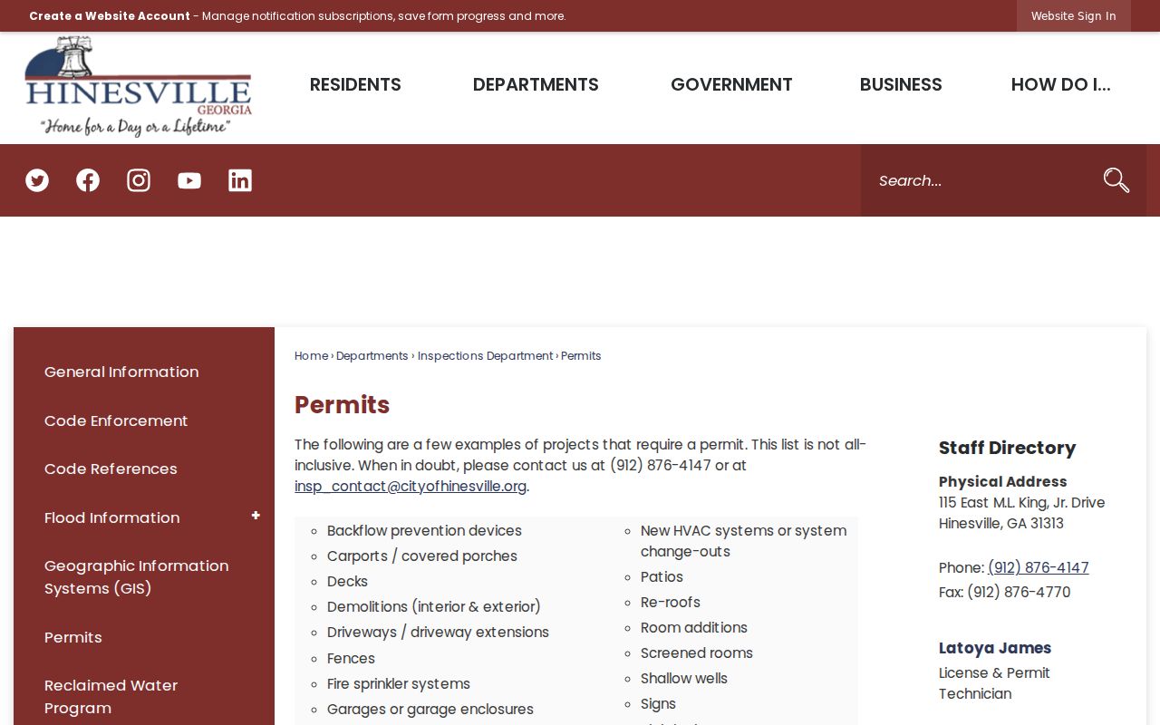 Hinesville street directory permit records
